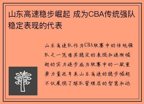 山东高速稳步崛起 成为CBA传统强队稳定表现的代表