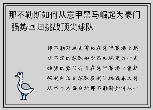 那不勒斯如何从意甲黑马崛起为豪门 强势回归挑战顶尖球队