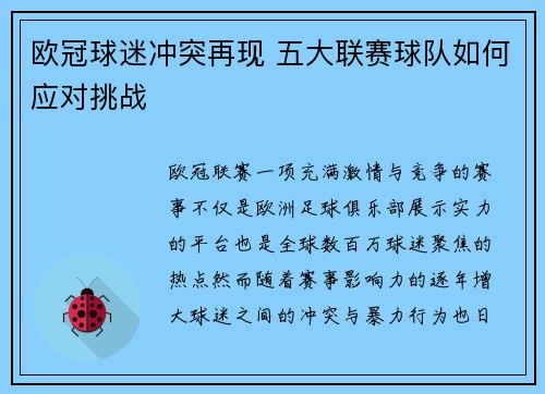 欧冠球迷冲突再现 五大联赛球队如何应对挑战